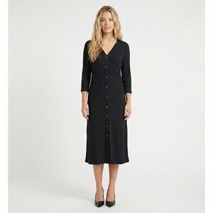 Rue De La Paix Ribbed Midi Dress 12 Black Button Front Minimalist Chic Career
